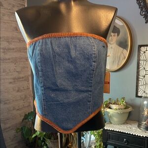 Denim Blue Crop Top with Brown Trim